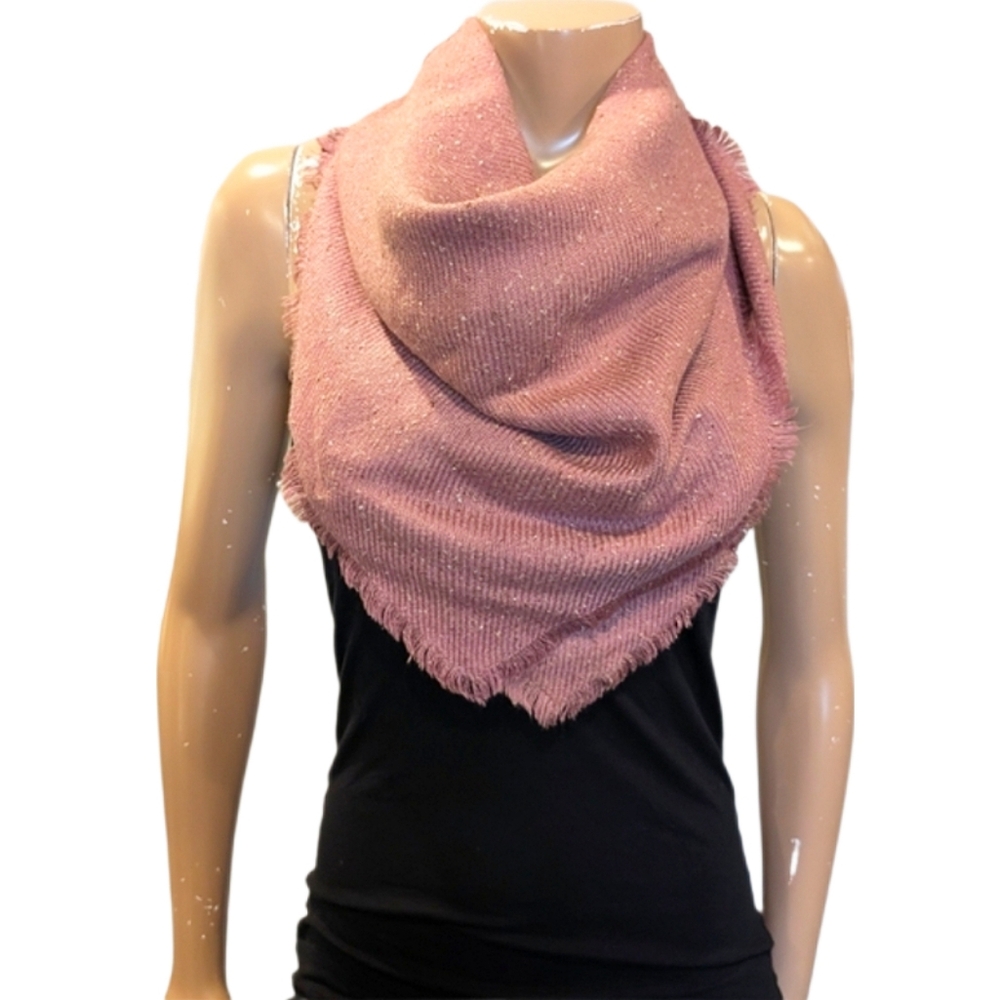 Flecked Pink Blanket Scarf Fringe Square Ribbed Knit Fall Winter Shawl Wrap